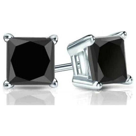 Bonjour Jewelers 14k White Gold Created Black Diamond Princess Cut Stud Earrings 4mm Plated