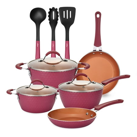

NutriChef 11 Piece Nonstick Elegant Pattern Kitchen Cookware Set Marron Pink