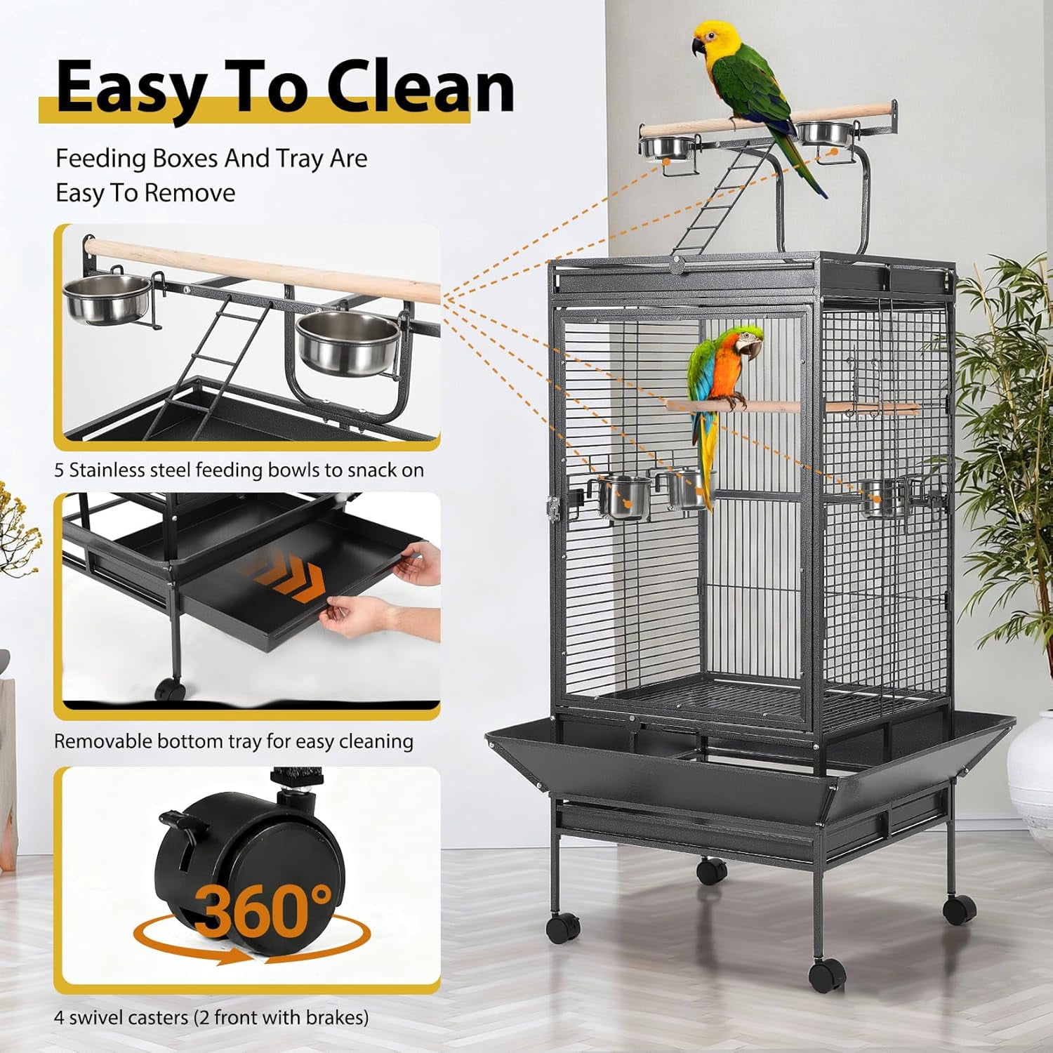 QinaQin Large Bird Cage with Play Top,Rolling Stand & Bowls,Metal Parrot Aviary,Indoor/Outdoor Use,Porch,Yard,Black