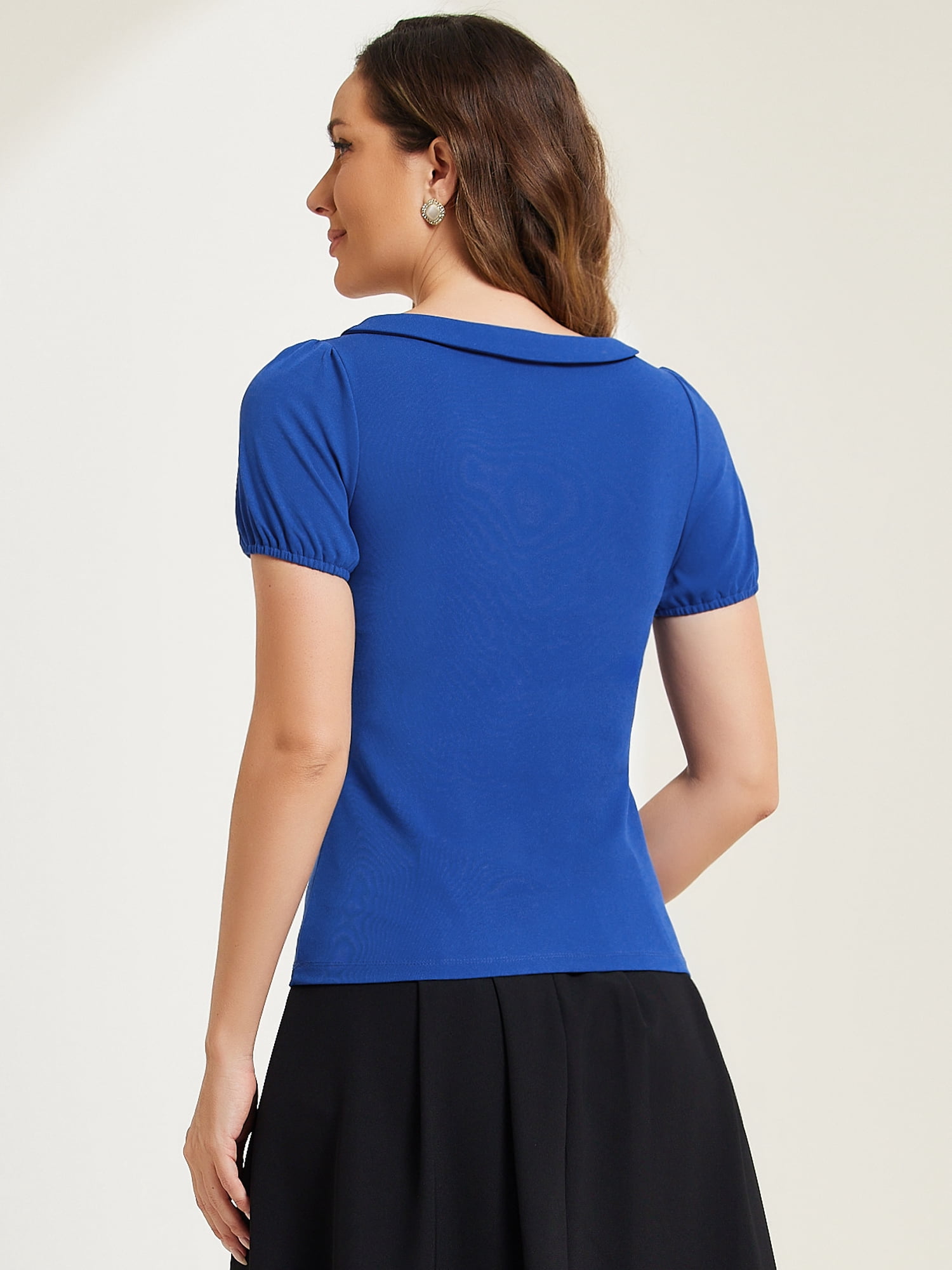 DARING DIVA Flat Collar Elastic Cuff Bow Decor Blouse L Royal Blue