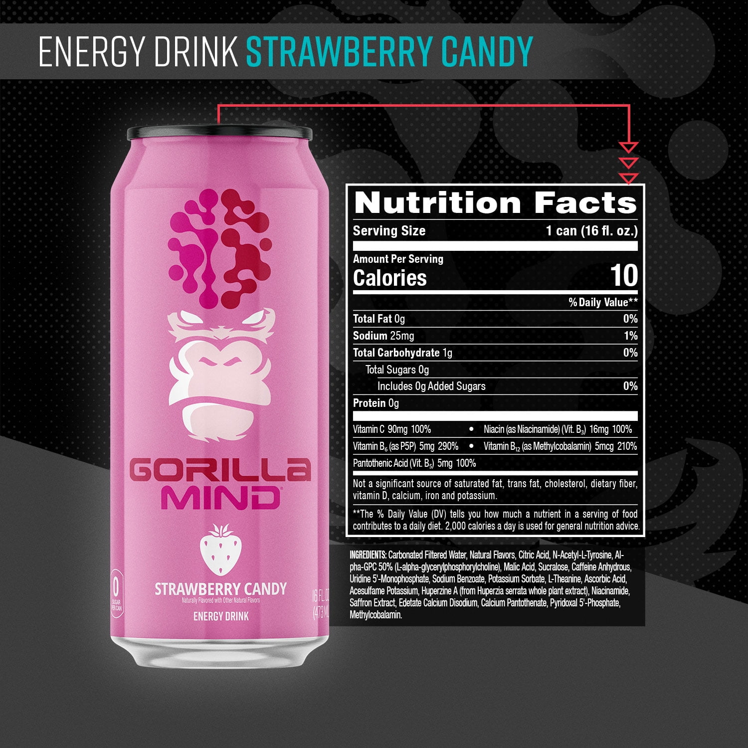 Gorilla Mind Energy Drink, No Sugar or Artificial Colors, Strawberry Candy, 16 oz, 12 pack Cans