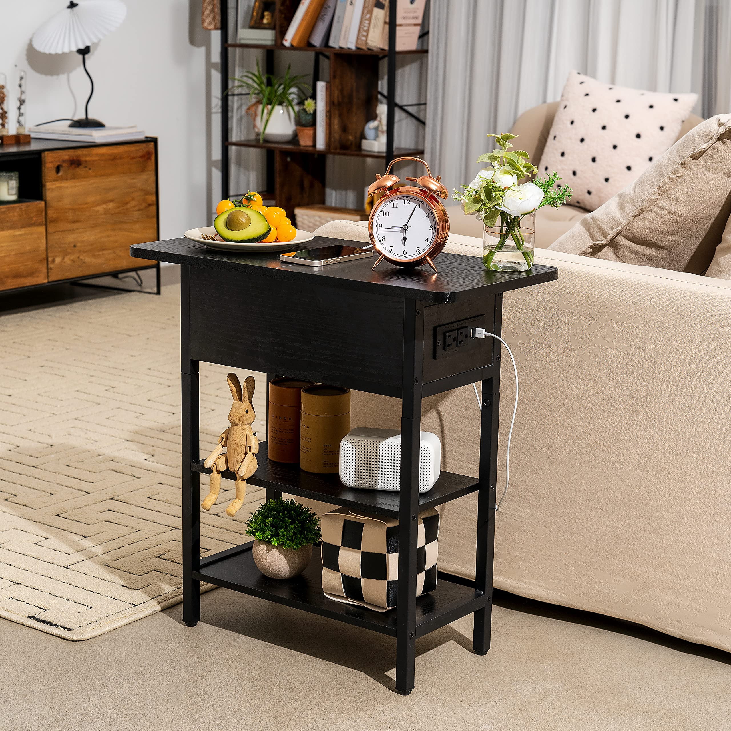 End Table with Charging Station, Flip Top Side Table with USB Ports and Outlets,Small Table Bedside Tables with Storage Shelf for Living Room, Bedroom