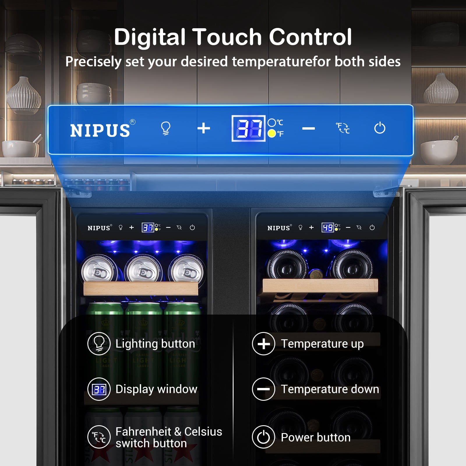 Nipus 24 inch Wine and Beverage Refrigerator,Dual Zone,Built-in Undercounter, 21 Bottles and 60 Cans,Silver