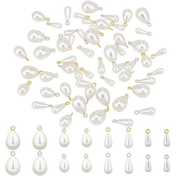 64pcs Teardrop Pearl Pendants 4 Sizes Imitation Pearl Charms with Loops White Drop Craft Pearl Pendants for Dangle Earring Necklace Bracelet Jewelry Making