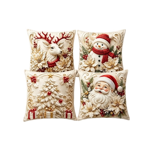 HOARBOEG 4 Pack Christmas Throw Pillow Covers, Stereo Visual Holiday Cushion Slipcovers Hidden Zipper Polyester Decorative Cases for Sofa Bed