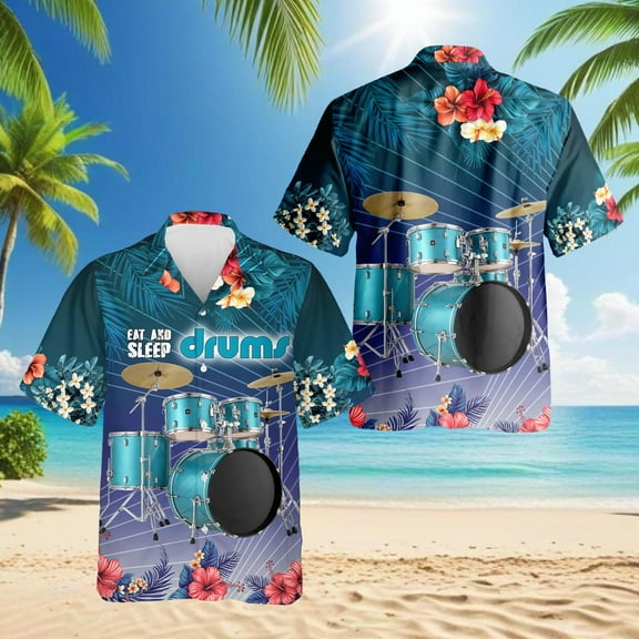 Eat And Sleep Drums Hawaiian Shirt for Men, Button Down Summer Beach Short Sleeve, S-5XL