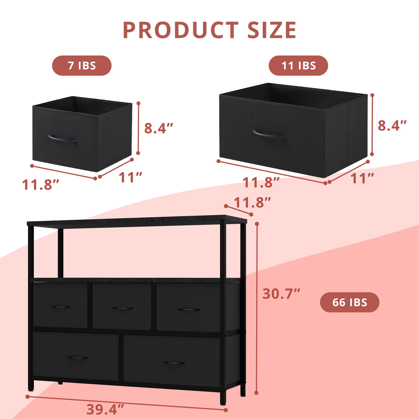 Small TV Stand, Black Dresser TV Stand for Bedroom, Entertainment Center for 45 Inch TV with Drawers, Fabric, Adjustable Feet, Living Room