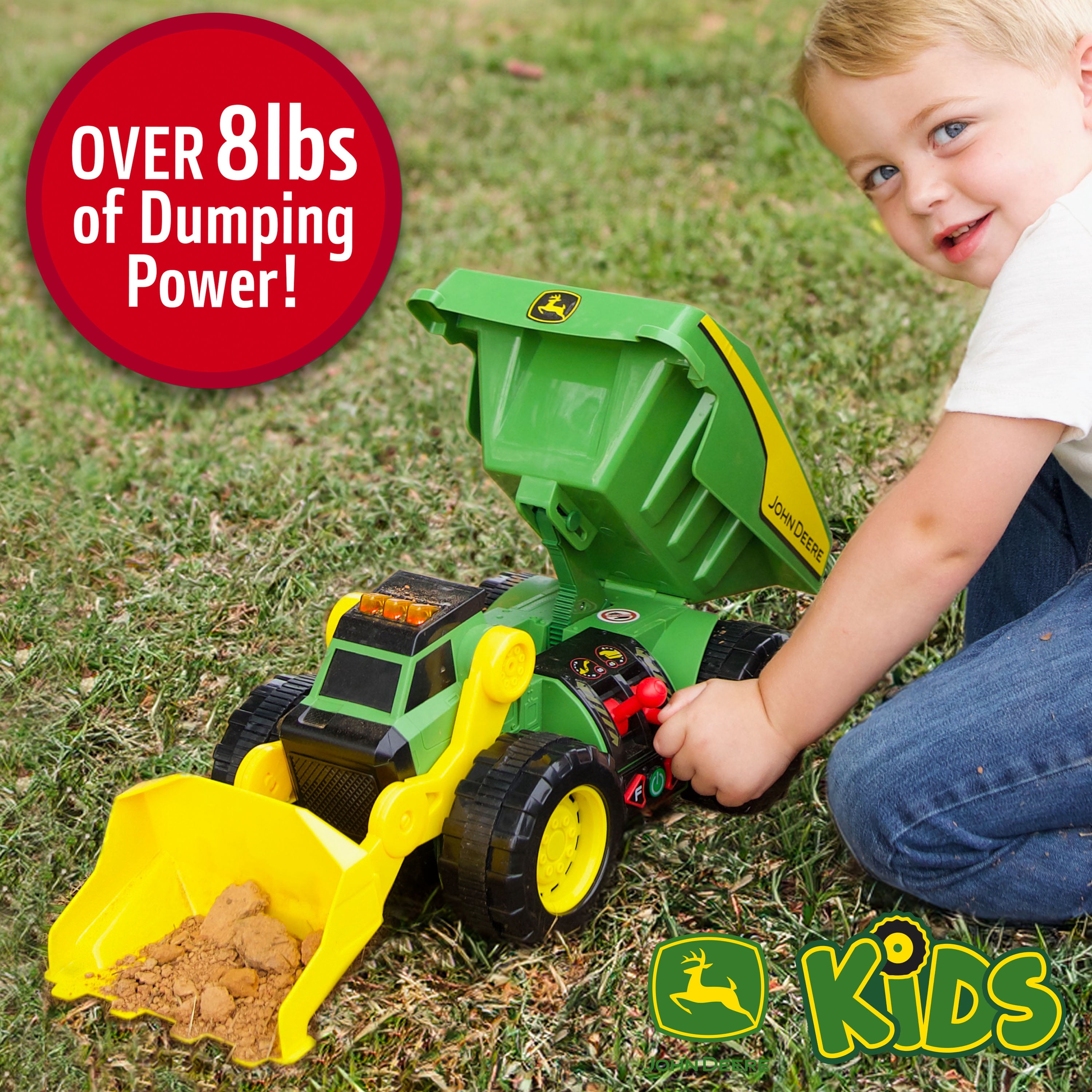 John Deere, 18" 2-N-1 Dig Rig Toy Dump Truck and Front Loader with Lights and Sound, Children Ages 3 and up