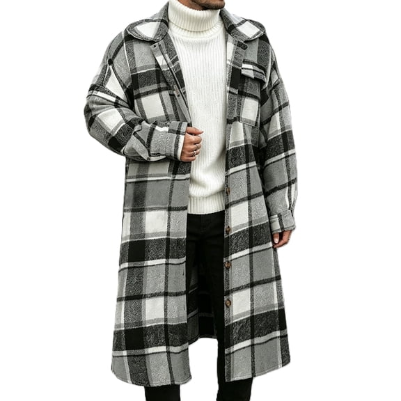 Rvwovn Men's Long Plaid Button Down Shacket Casual Flannel Shirt Jacket Fall Winter Outerwear