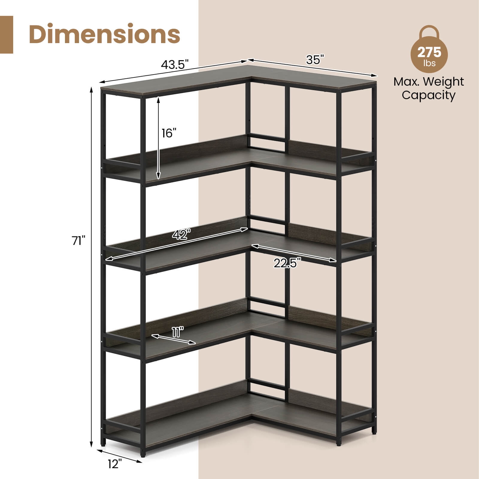 Costway 5-Tier L-Shaped Bookcase Corner Bookshelf with Metal Frame Open Display Shelf Gray