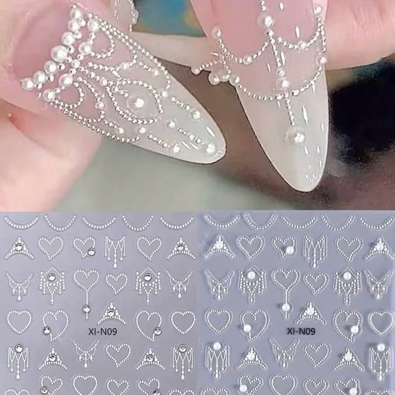 Pack of 2 Elegant White 3D Heart Shape Rhinestone Pearl Nail Stickers - Self-Adhesive Nail Art for Stunning Manicures