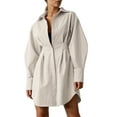 thumbnail image 2 of Female Button Up Long Sleeve Mini T Shirt Dress Lapel Collar Pleated Flared Short Dresses Khaki M, 2 of 10