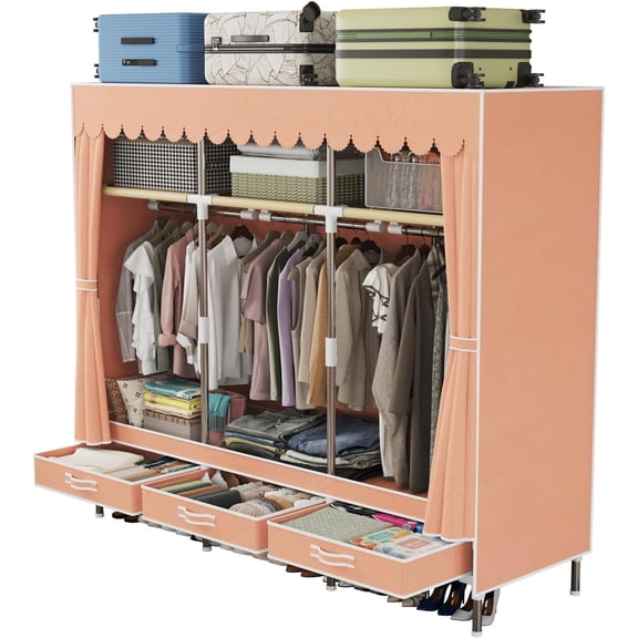 Portable Armories Wardrobe, 65" Tall, Metal Frame with Cute Pink Non-Woven Cover, 3 Hanging Areas, Drawers and Shelves,for Small Room Clothing Storage