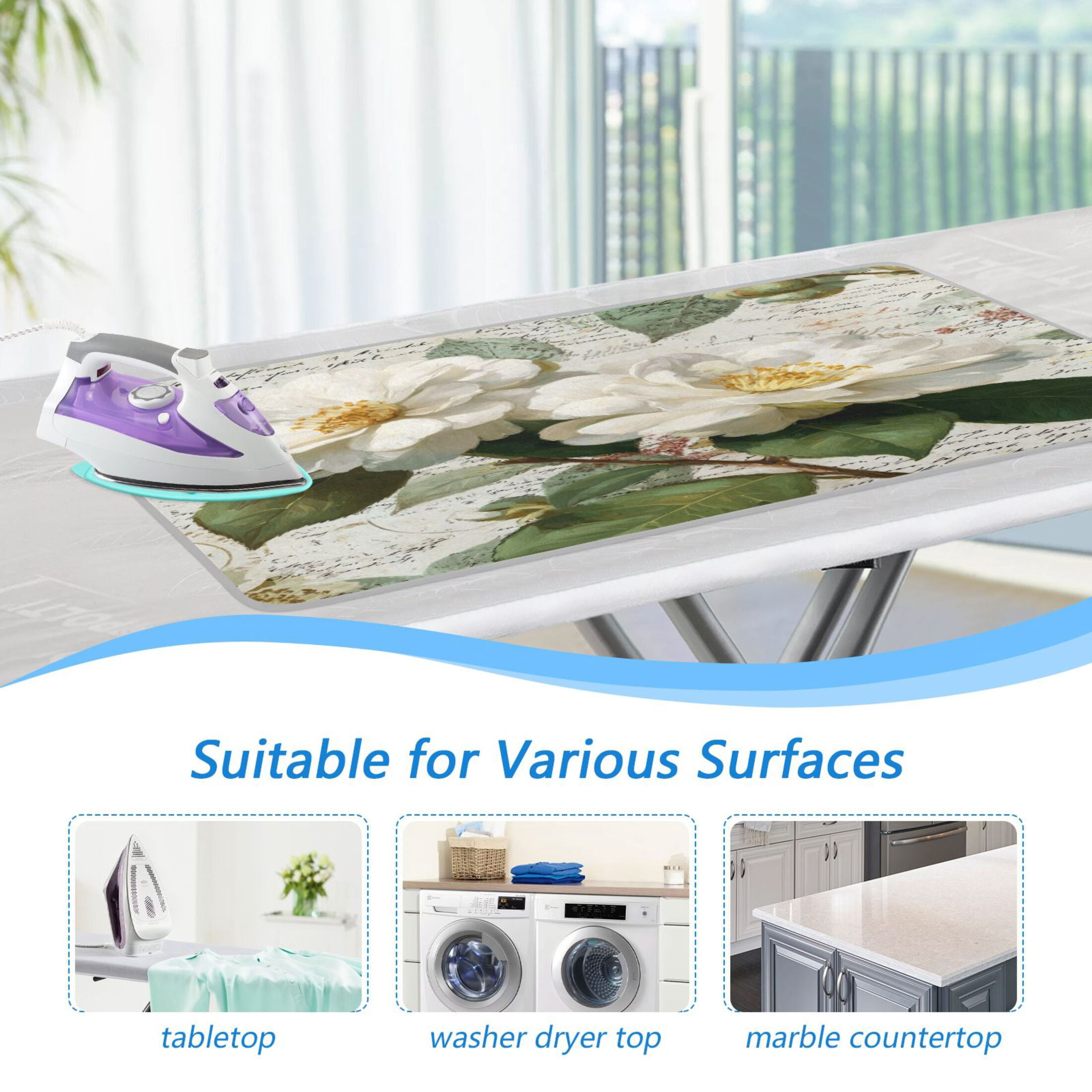 Ironing Mat Portable Ironing Blanket for Table Top Travel Ironing Pad for Washer Dryer 27.6" x 47.2" Vintage White Camellias
