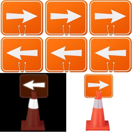 6 Pcs 10.4" x 12.6" Reversible Traffic Cone Signs with High Intensity Reflective Arrows, Left and Right Directional Warning Cones for Road Construction, Parking Lot, Barricade