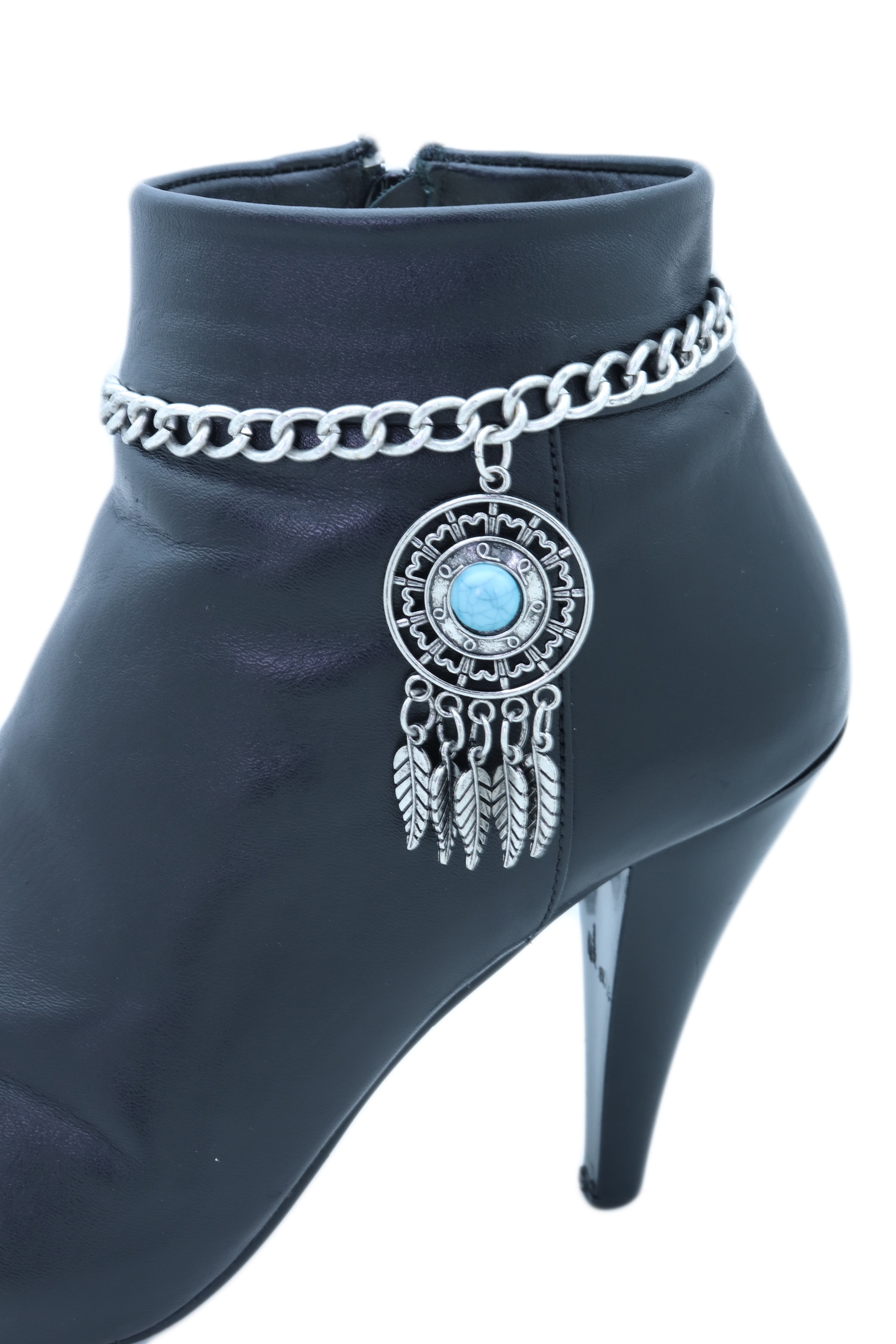 Women Silver Metal Chain Boot Bracelet Shoe Elephant Charm Turquoise Blue Bead 
