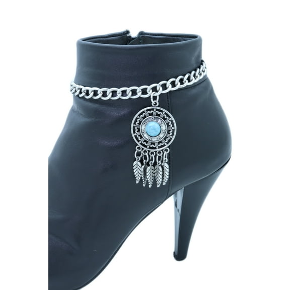 Women Silver Metal Chain Boot Bracelet Shoe Feather Charm Turquoise Blue