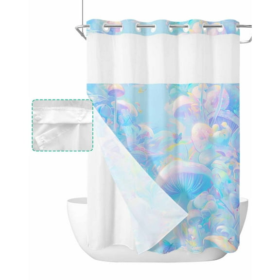 No Hook Shower Curtain with Snap in Liner, Iridescent Blue Mushroom Butterfly Abstract Art Hotel Shower Curtains for Bathroom, Washable Shower Curtain Liner Set with Mesh Top Window, 48"x72"