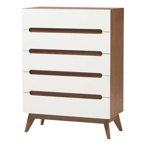 Bowery Hill Mid-Century 5-Drawer Board Wood Chest in White/Walnut