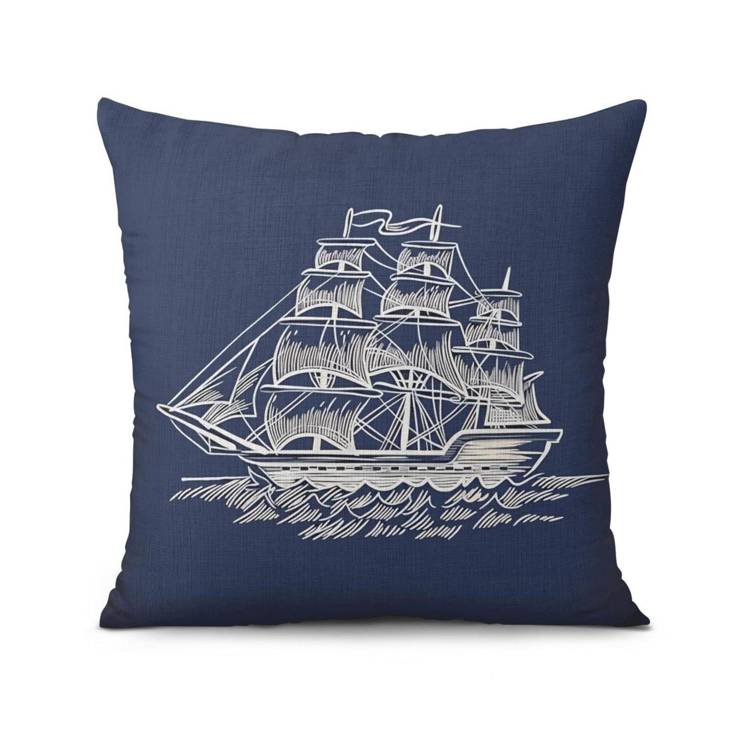 Blue Compass Anchor Sailboat Pillow Cases 16x16, Set of 2, Coastal Sailing Navigation Throw Pillow Cases, Ocean Theme Decorative Cushion Covers for Couch Sofa Living Room Home