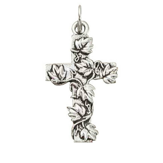 Sterling Silver 24" 1.2mm Box Chain Branch Leaf Christian Cross Pendant Necklace