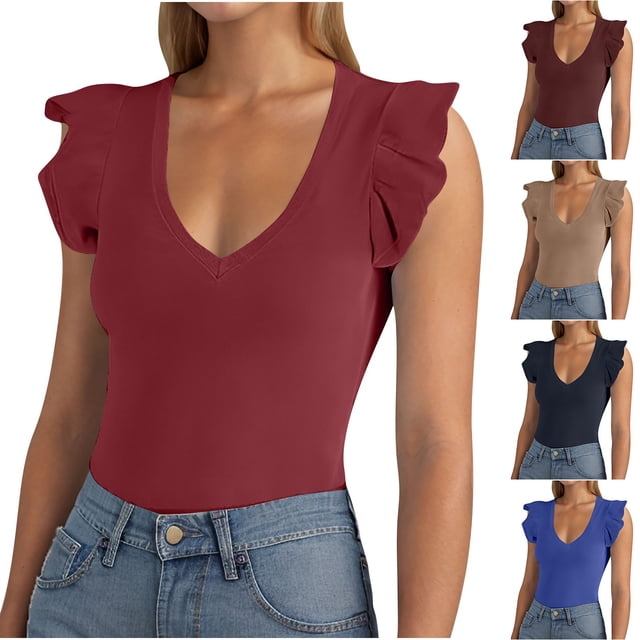 Camisetas para mujer,Camiseta vintage de cuello en V para mujer, color liso, dobladillo doble, 95 % poliéster, 5 % elastano, ropa informal, sopatenor