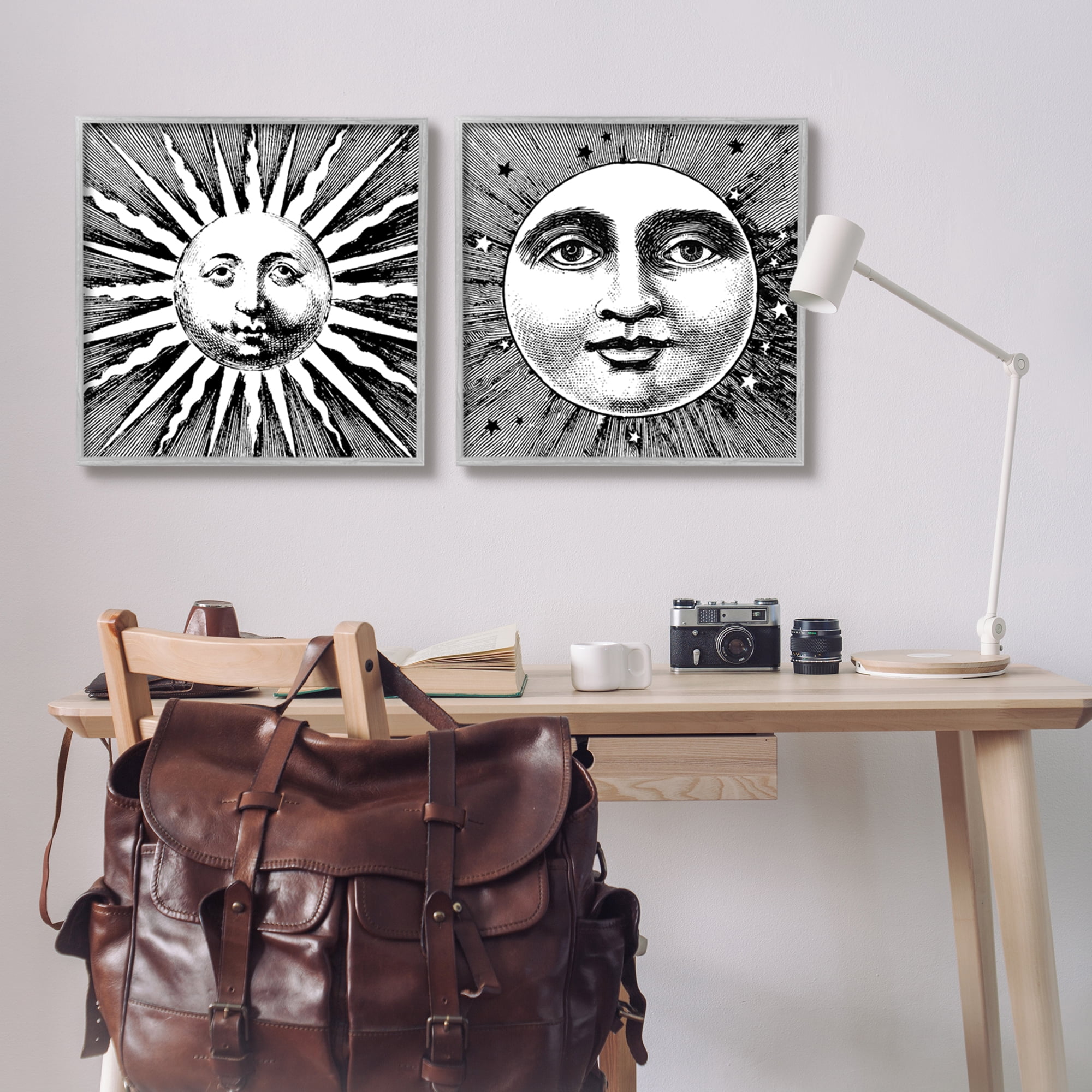 Stupell Industries Sun & Moon Faces Landscape Painting Gray Framed Art Print Wall Art, 24 x 24