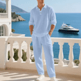 thumbnail image 2 of Men's 2‑Piece Linen Set, Long Sleeve Polo Shirt & Drawstring Casual Pants, Lightweight Breathable Outfit S‑3XL, 2 of 7