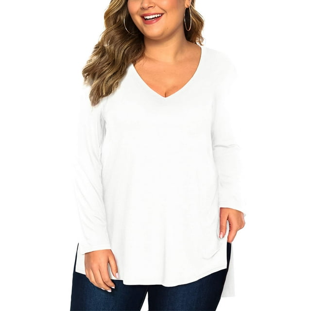 Amoretu T-Shirts à Manches Longues pour Femmes à Col en V Décontractés T-Shirts Grande Taille T-Shirt (Blanc 4X)