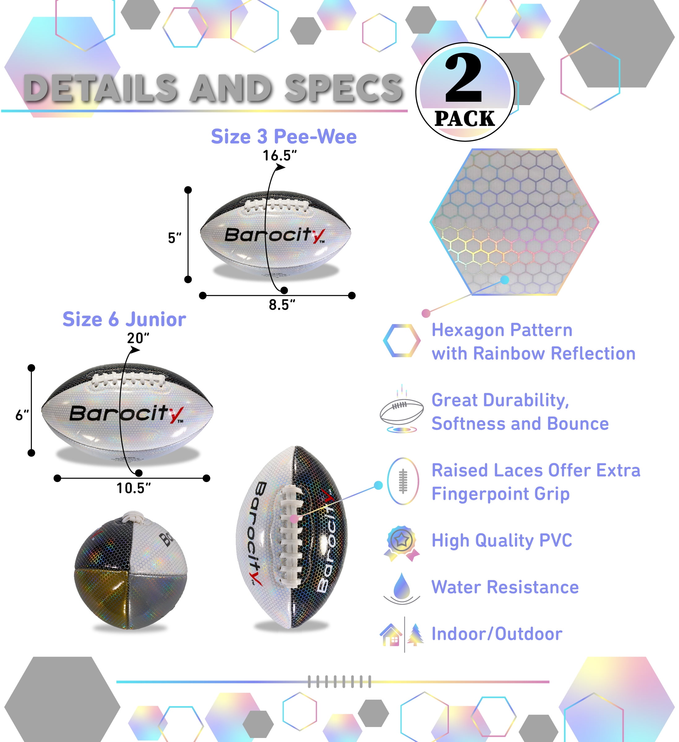 Barocity Footballs for Kids - Reflective Iridescent Rainbow Hex Pattern Official Match Football for Indoor, Outdoor  - 2 Premium Durable Training Balls Mix Silver, Black, and Gold Size 3 and Size 6