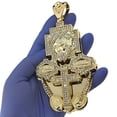 thumbnail image 2 of Huge 3D Jesus Piece Combo Hip Hop Pendant Cross Last Supper Hands Gold Finish, 2 of 9