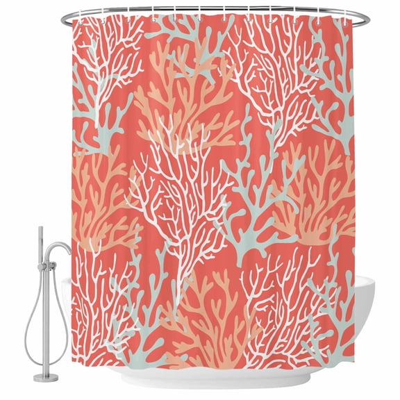 Corals Red Fabric Shower Curtain Nautical Washable Shower Curtains for Bathroom, Waterproof Bath Curtain with Hooks Home Decor 36x72in