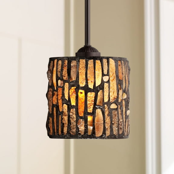 Robert Louis Tiffany Strada Bronze Mini Pendant Light 7" Wide Rustic Mosaic Art Glass Shade for Dining Room House Foyer Kitchen Island Entryway Home