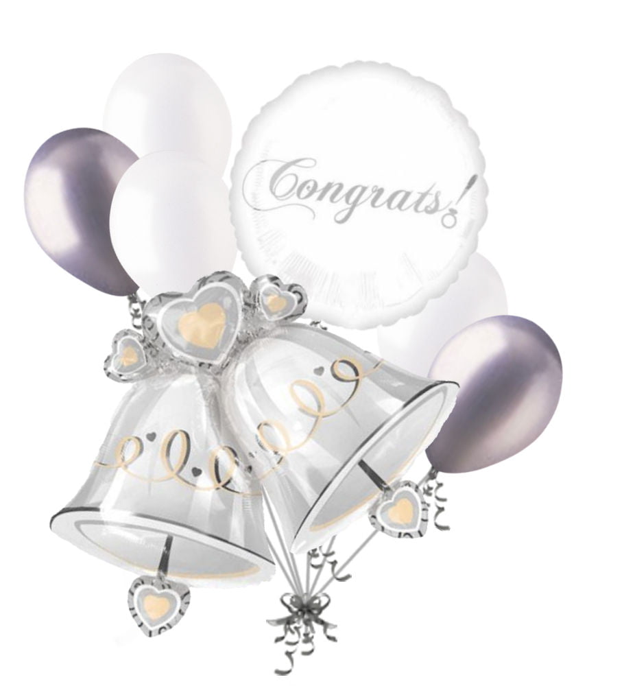 Silver /& White Supershape Bell 5-Pc Balloon Bouquet 25th Anniversary NEW
