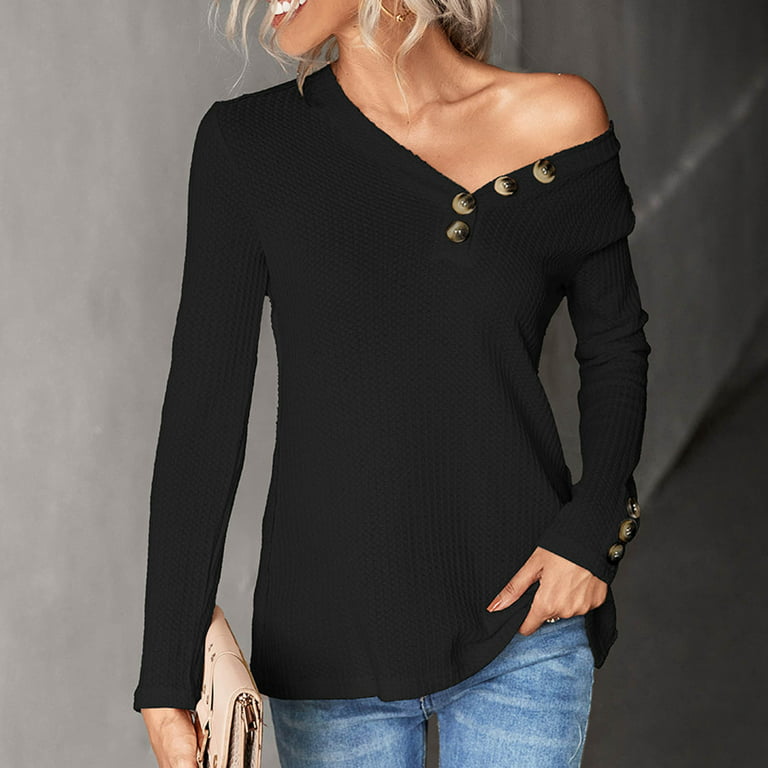 YWDJ Womens Tops Solid with V Neck Long Sleeve Black XL 