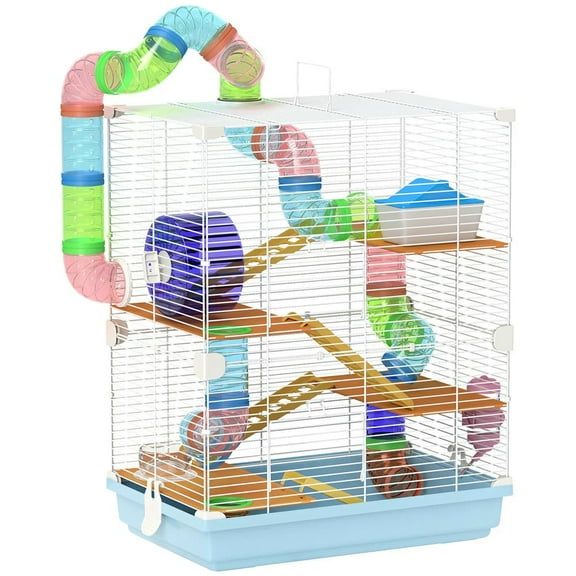Spaco 5 Tiers Hamster Cage Portable Animal Travel Carrier with Exercise Wheels Tube, Light Blue