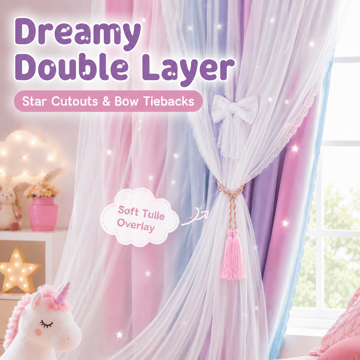 DONGPAI Blackout Stars Curtains for Kids Girls Bedroom Double Layers Star Cut Out Rainbow Curtains Home Window Decoration Curtain, 51" x 63", 1 Panel