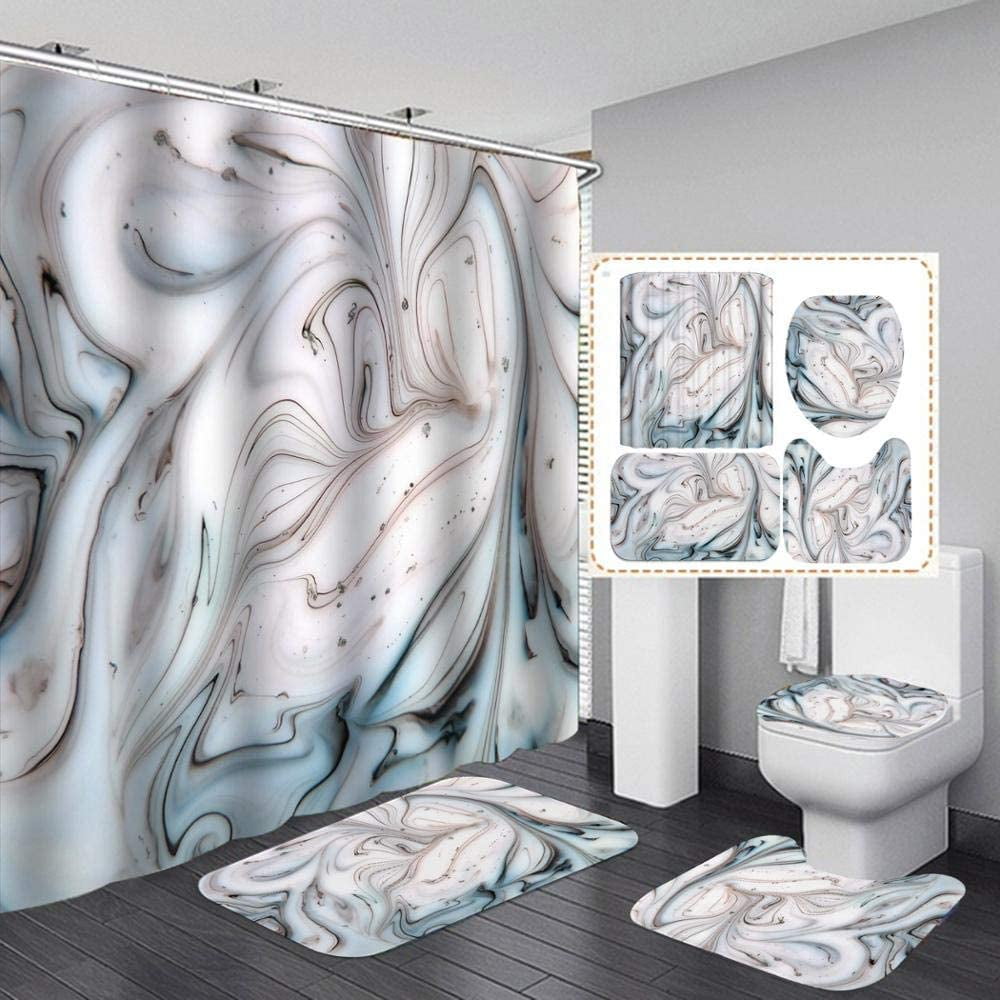 HTBUSC Shower Curtain Sets Art Marble Print Shower Curtain 4 Piece Carpet Cover Toilet Cover