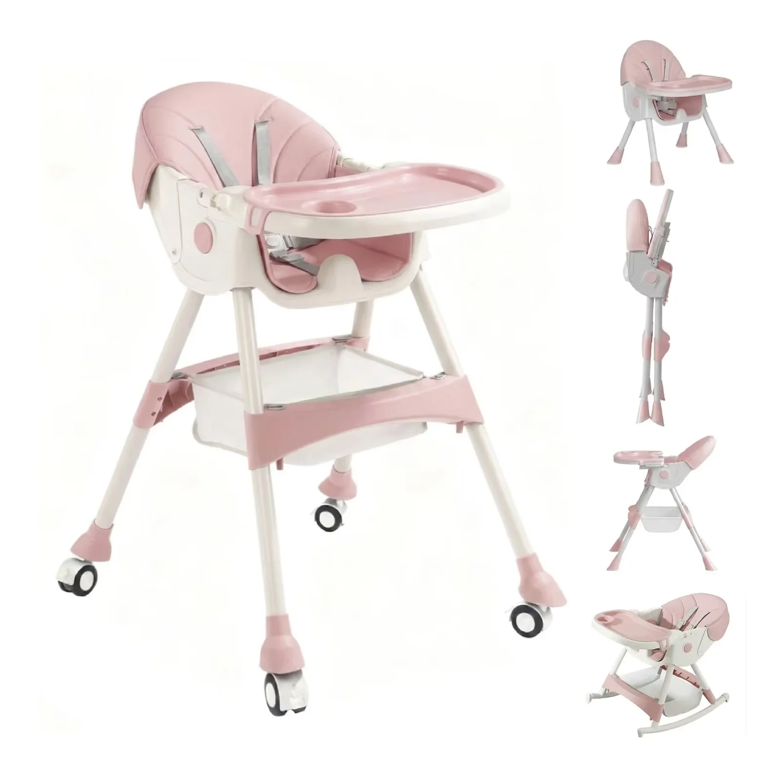 Halicool Adjustable 6-in-1 Convertible Baby High Chair, Pink and White, Double-Layered Tray with Game Board, BPA-Free Food Grade Material, Portable with Wheels