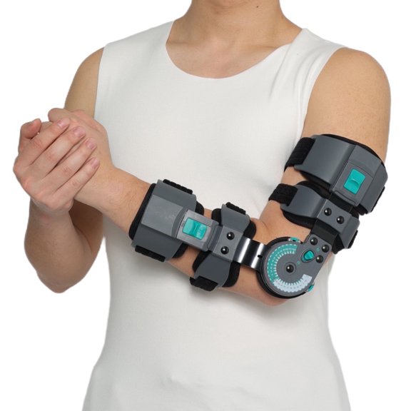 Komzer Hinged ROM Elbow Brace, Adjustable Post-Op Splint Stabilizer for Surgery Recovery, Ligament and Tendon Repairs and Dislocation (Left)