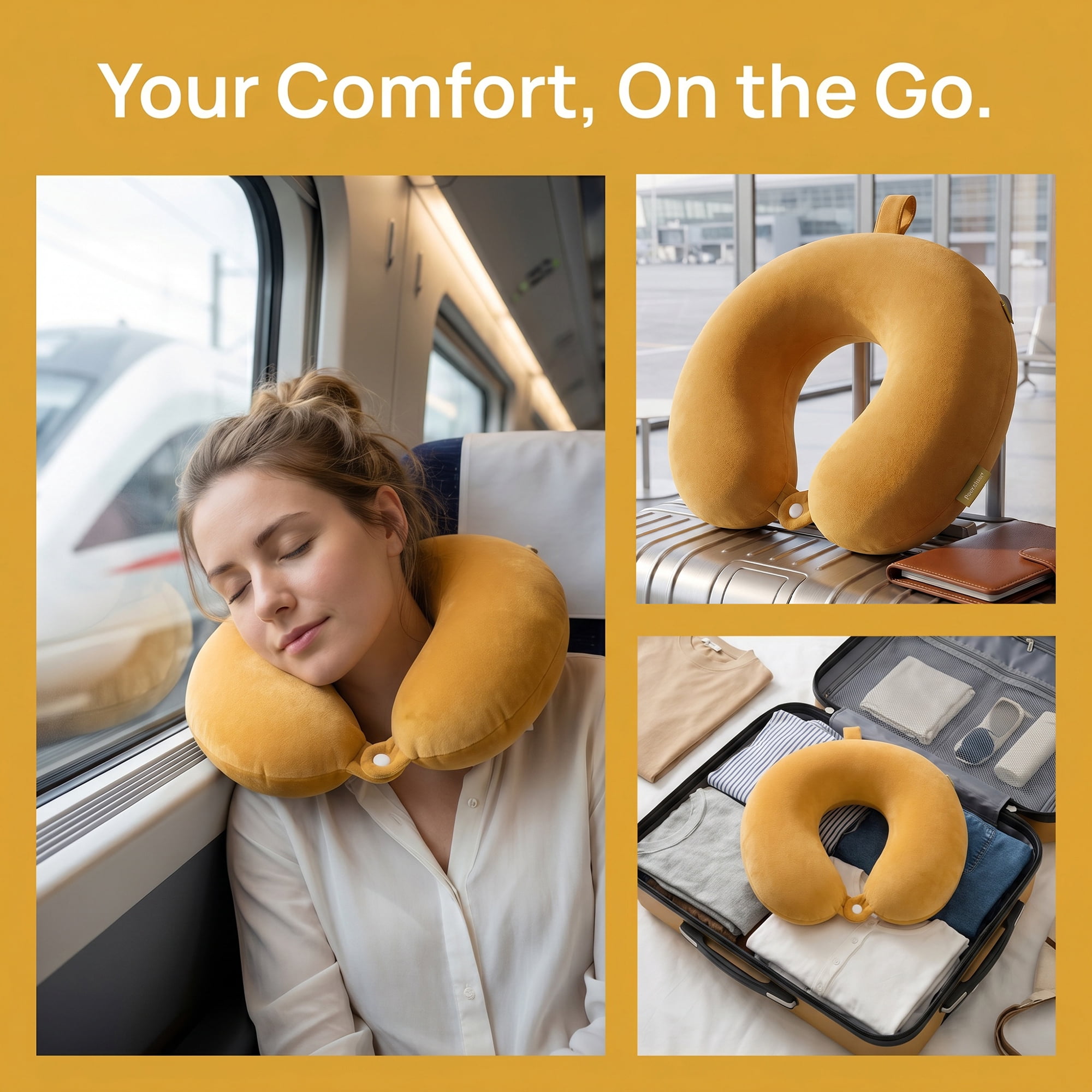 Unique Bargains Memory Foam Travel U Shape Neck Pillow Snap Closure Yellow 12"x12"x4"