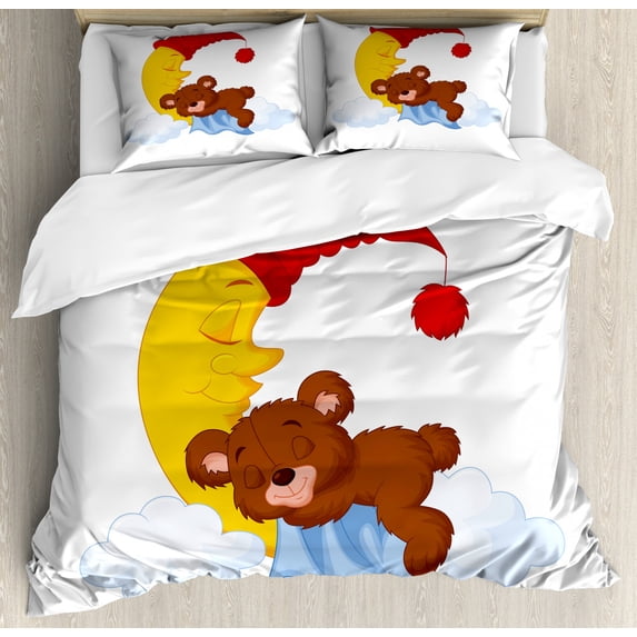 Bear Duvet Cover Set Queen Size, Adorable Cartoon for Kids Cute Baby Character Falls Asleep on Moon with Hat and Clouds, Decorative 3 Piece Bedding Set with 2 Pillow Shams, Multicolor, by Ambesonne