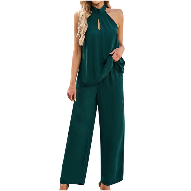 Yuyuzo Ensembles d'Été pour Femmes Ensemble 2 Pcs Col Halter Sans Manches Découpe devant Pantalon Large Ensembles Assortis