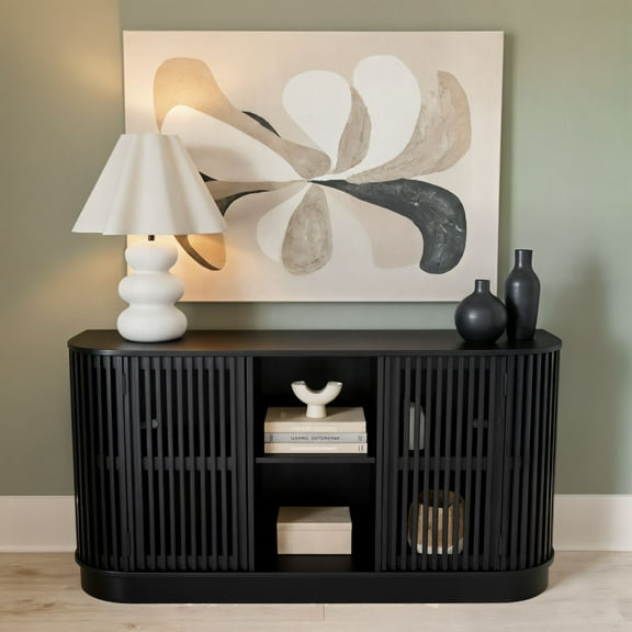 Plank Beam Contour Solid Wood Sideboard with 2 Doors, 59" TV Stand for Living Room, Black