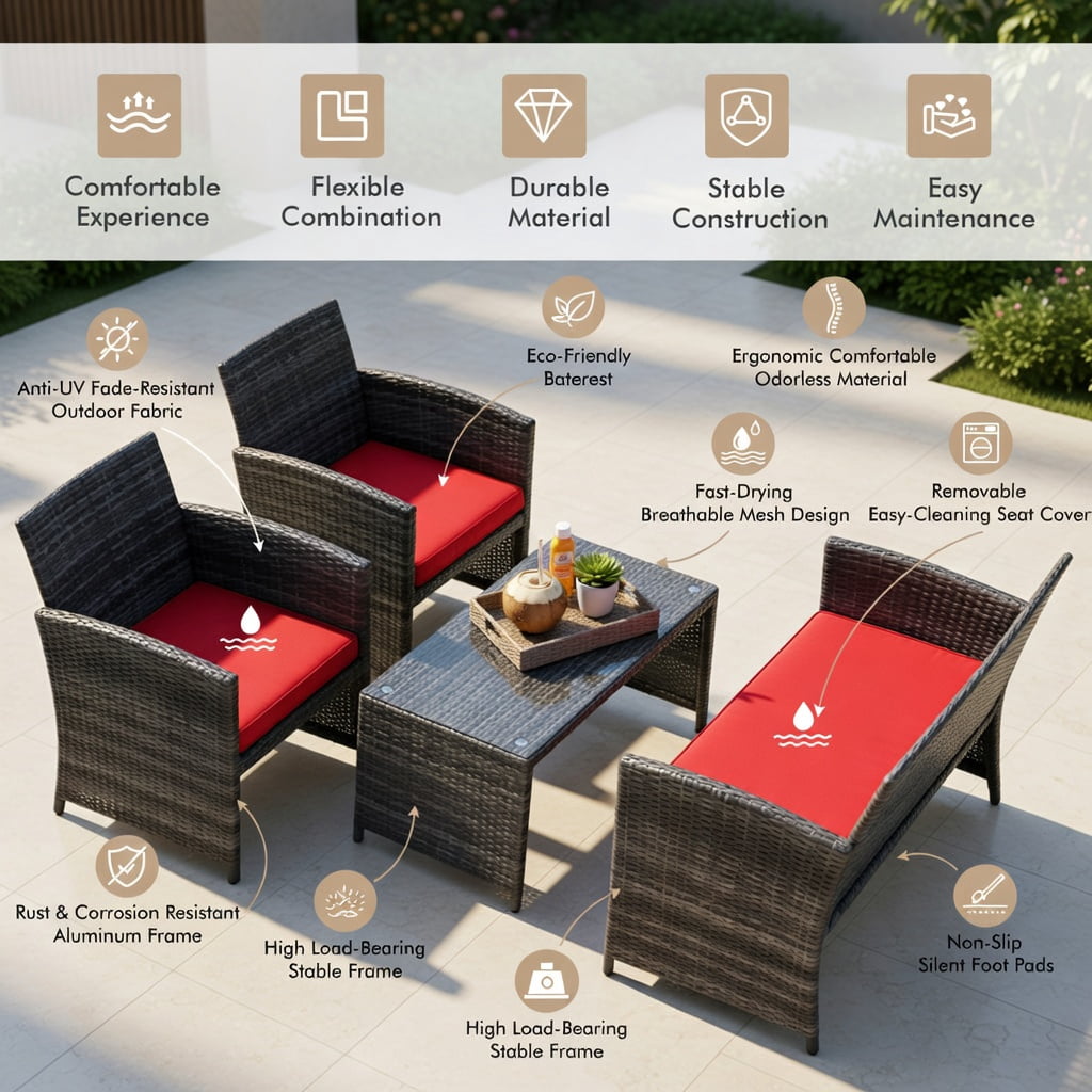 Hommoo 4-Piece PE Rattan Patio Furniture Set with Removable Cushions, Loveseat, 2 Single Chairs & Tempered Glass Coffee Table for Backyard, Garden or Balcony, Red