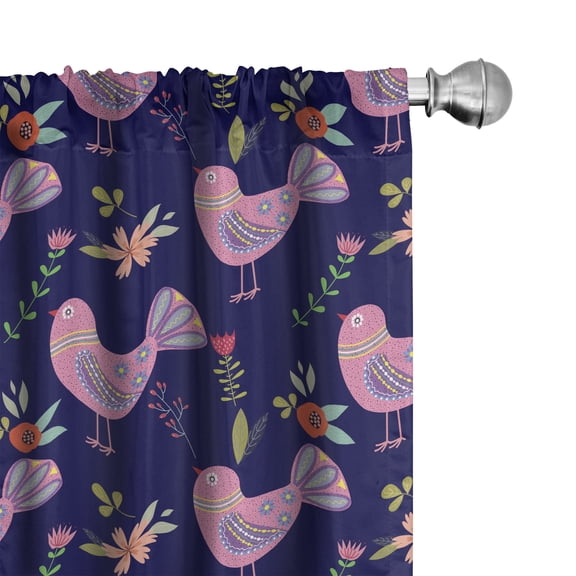 Botanical Curtains, Composition of Ornamental Folk Inspired Birds Flowers and Branches, Window Treatments 2 Panel Set for Living Room Bedroom Decor, 56" x 63", Indigo Blue, by Ambesonne