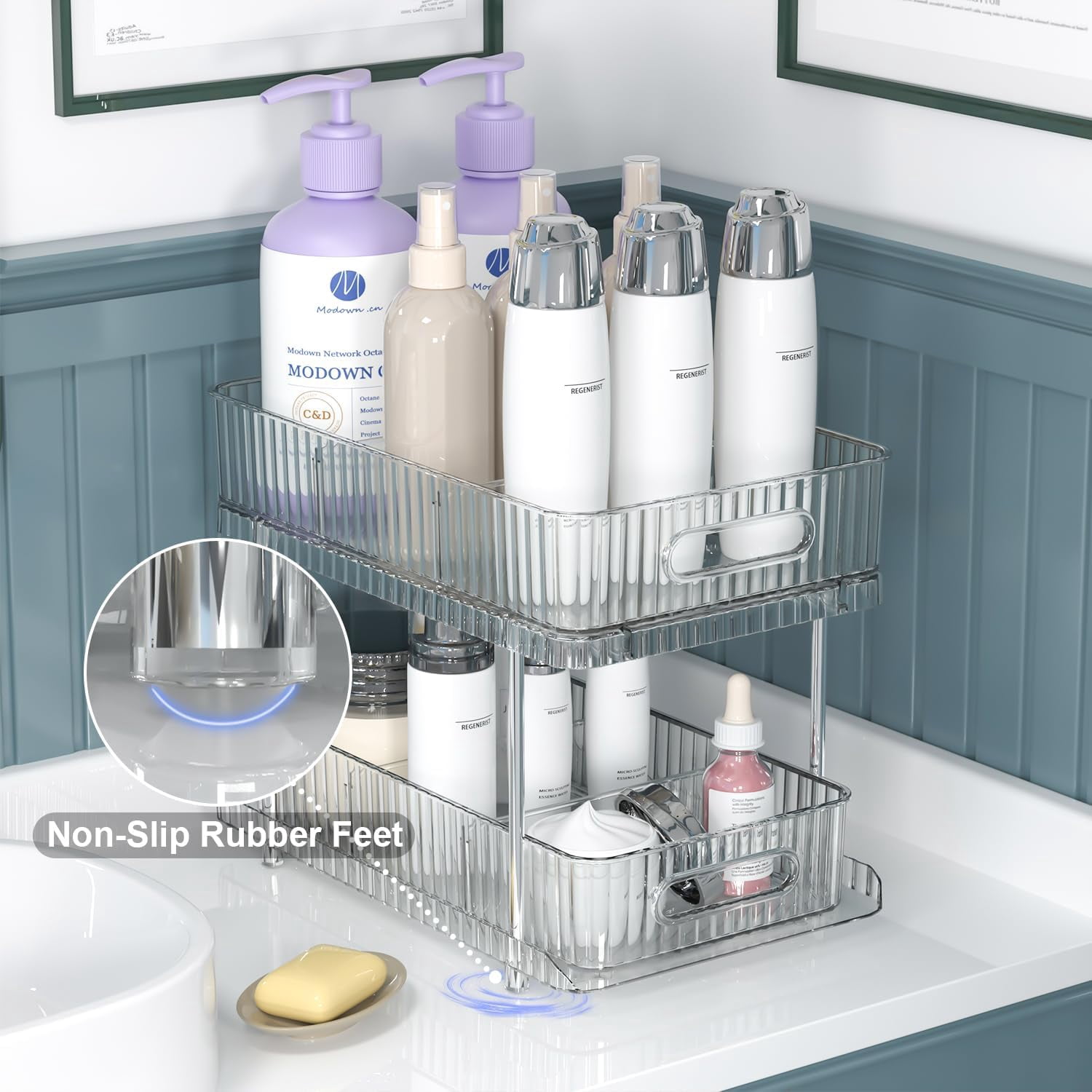 2-Tier Clear Bathroom Under Sink Organizers and Storage, 2 Sets of Pull Out Bathroom Medicine Cabinet Organizer,Multi-Purpose Kitchen Pantry Organizer and Storage with Movable Divider-Clear