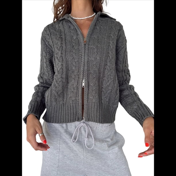 Cárdigan de Punto con Cuello Alto y Larga para Mujer, Moderno y Elegante, con Cremallera Frontal, Abrigo Extragrande para Otoño Gris S