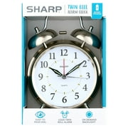 SHARP Twin Bell Quartz Analog Alarm Clock, Silver Brushed Metal, Loud Alarm, Battery Operated