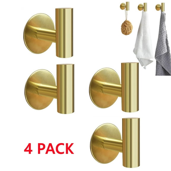 4 Pcs Heavy Duty Adhesive Hooks, Wall Adhesive Hooks, Stainless Steel Hooks for Home, Bathroom, Kitchen, Office, Living Room (Gold)